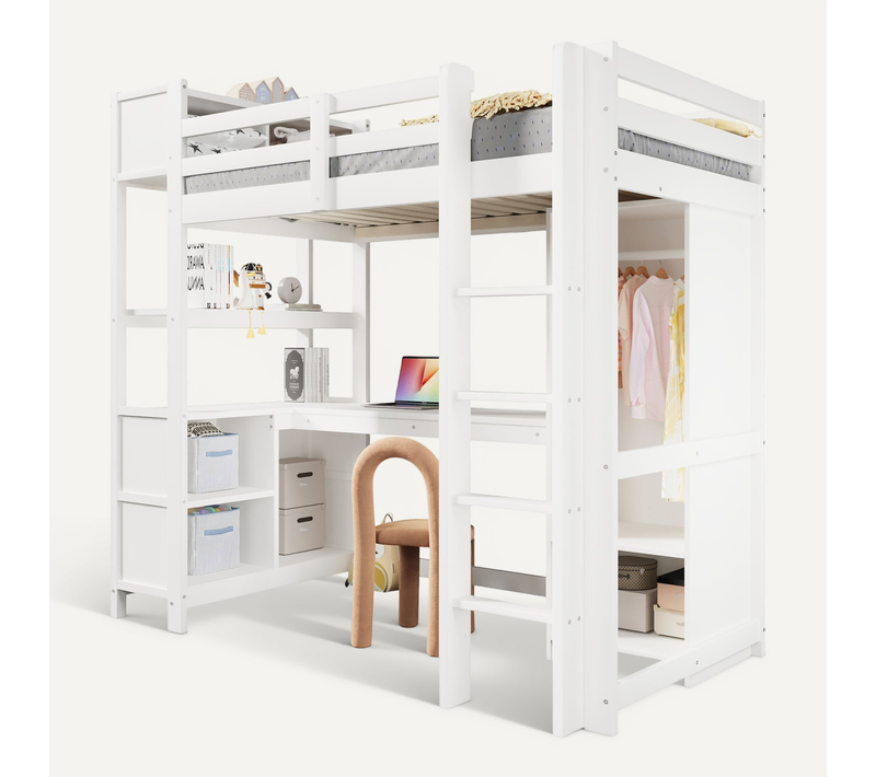 Lit Mezzanine 90x200 Cm En Pine Avec Bureau Et Armoire, Blanc