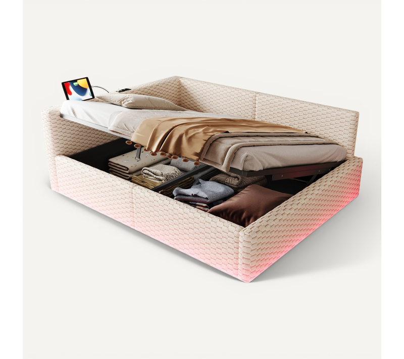 Lit Coffre 140x200 Cm Avec LED, USB Et Type-c, Beige