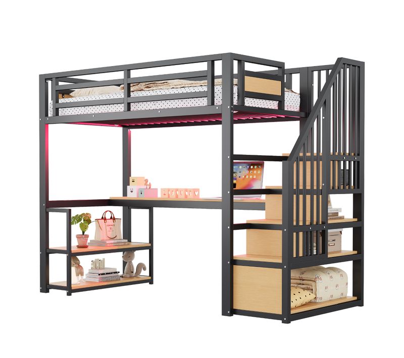 Lit Mezzanine 90x200 Cm En Métal Avec LED, échelle, Bureau Et Rangement, Noir