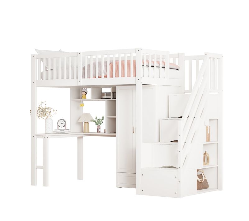 Lit Mezzanine 90x200 Cm - Avec Armoire, Étagère, Table Et Escalier - Bois Blanc