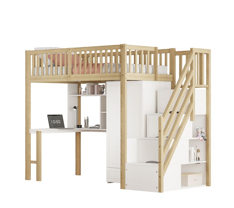 Lit Mezzanine 90x200 Cm - Avec Armoire, Étagère, Table Et Escalier - Bois Blanc