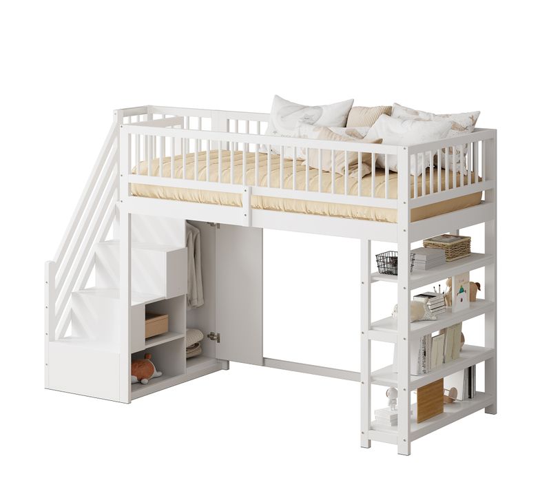 Lit Mezzanine 90x200 Cm - Barrière Sécurité, Armoire, Étagères, Rangements - Bois Blanc