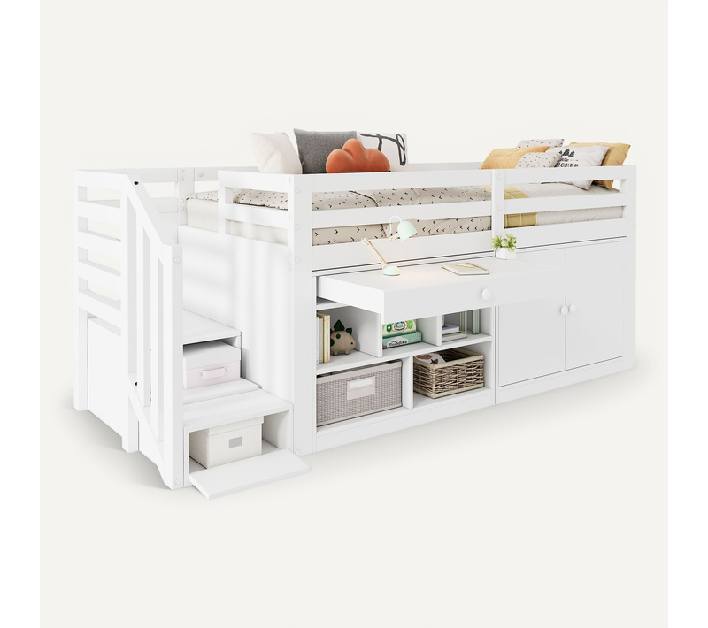 Lit Mi-haut 90x200 Avec Tiroir, Escalier Et Rangement 2 Portes, Blanc