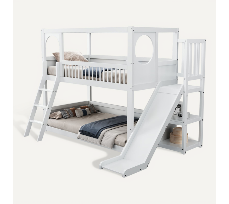 Lit Superposé Enfant 90x200 Cm Avec Toboggan Et étagères, Blanc