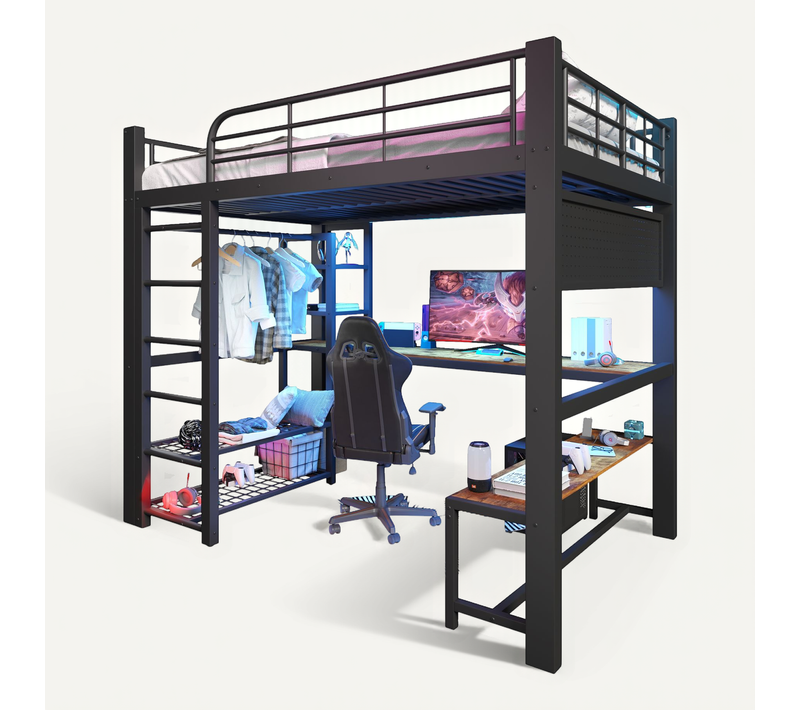 Lit Mezzanine 140x200 Cm Avec Bureau, LED, étagères Et Penderie, Métal Noir