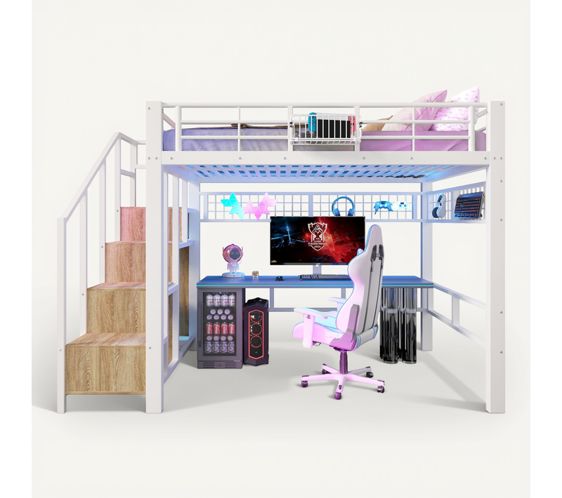 Lit Mezzanine 140x200 Cm Avec LED, Escalier Rangement Et Grille Métal, Blanc