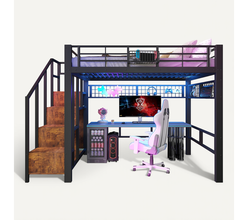 Lit Mezzanine 140x200 Cm Avec LED, Escalier Rangement Et Grille Métal, Noir
