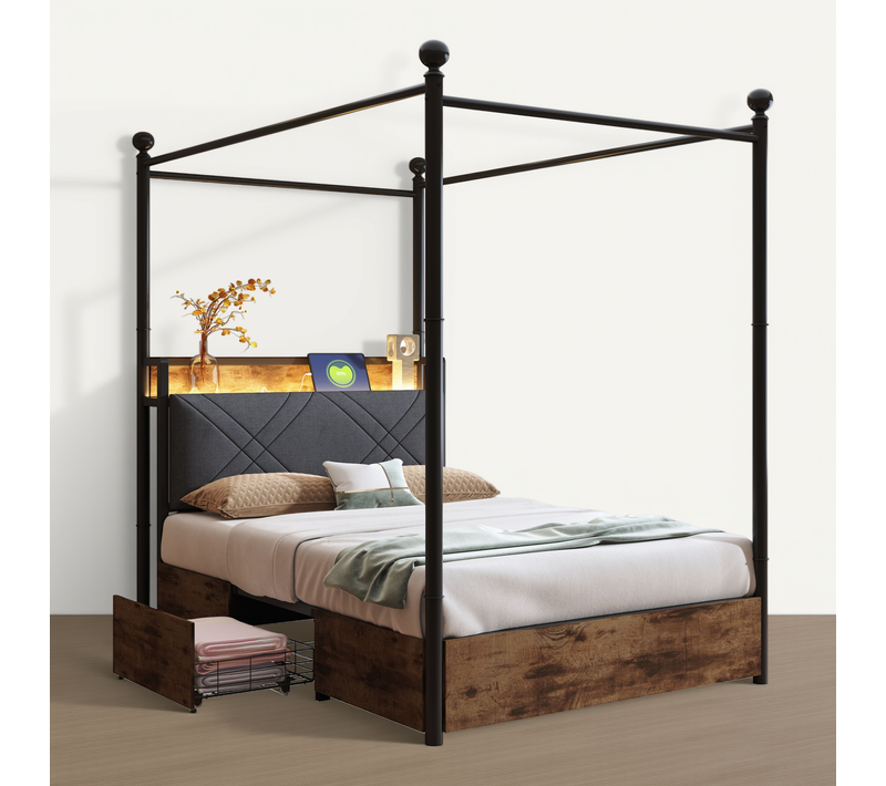 Lit Enfant 90x190 Cm Avec LED, USB-c Et 2 Tiroirs, Noir