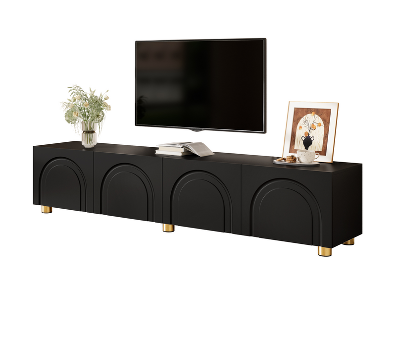 Meuble TV Avec 4 Portes Relief Arqué Et Pieds Métal, Noir