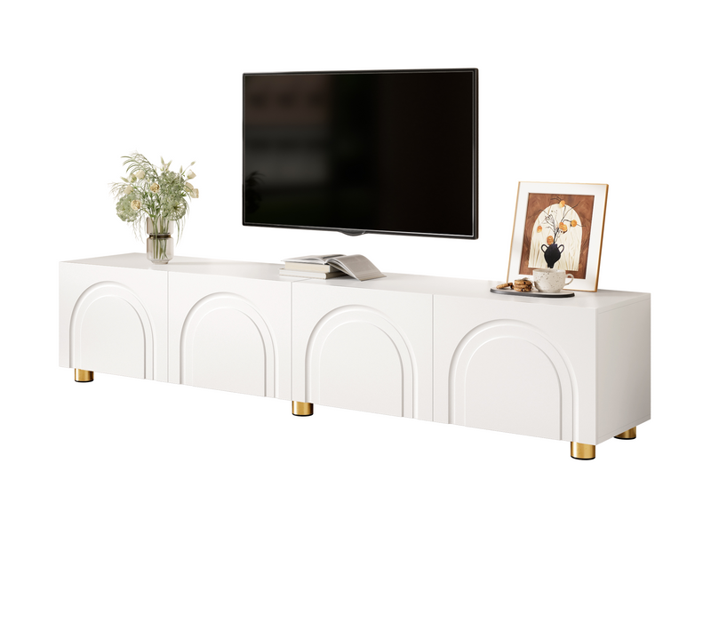 Meuble TV Avec 4 Portes Relief Arqué Et Pieds Métal, Blanc