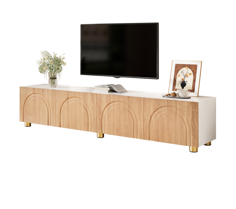 Meuble TV Avec 4 Portes Relief Arqué Et Pieds Métal, Bois
