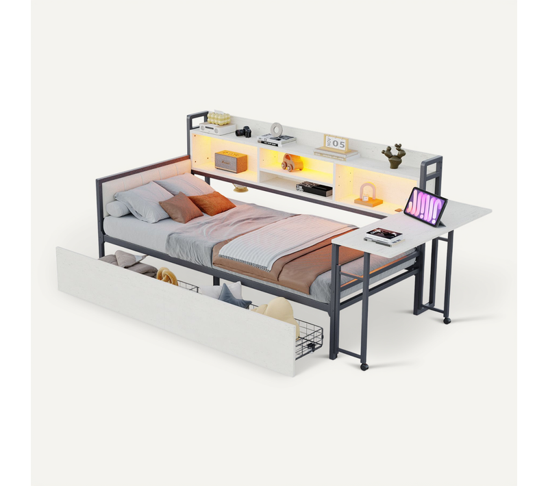 Lit 90x200 Cm Métal Avec LED, Bureau Coulissant, Tiroirs Et Pris, Blanc