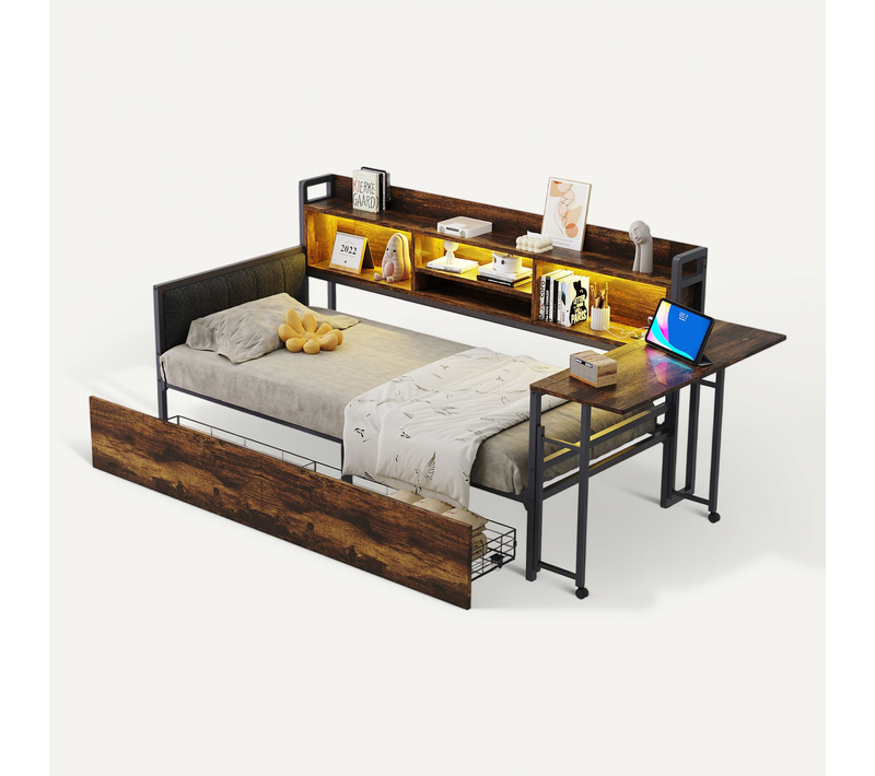 Lit 90x200 Cm Métal Avec LED, Bureau Coulissant, Tiroirs Et Pris, Bois