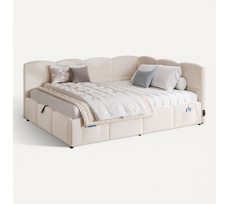 Lit Coffre 140x200 Avec USB Et Rangement, Velours Beige
