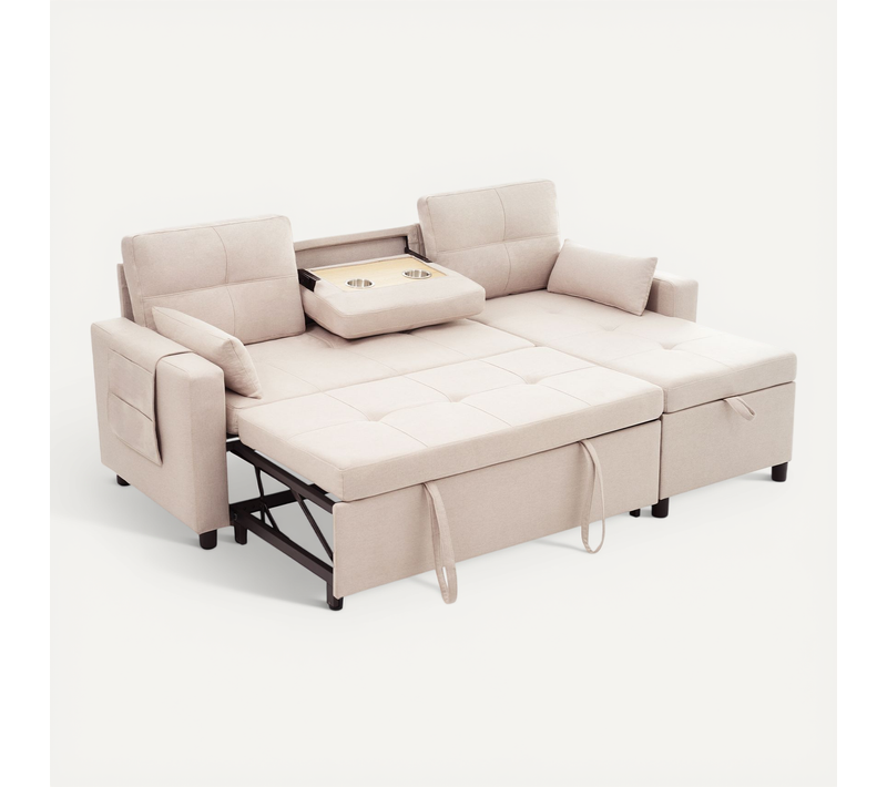 Canapé Convertible - Canapé Lit 3 Places - Grand Espace De Rangement - 211x136x87cm - Beige