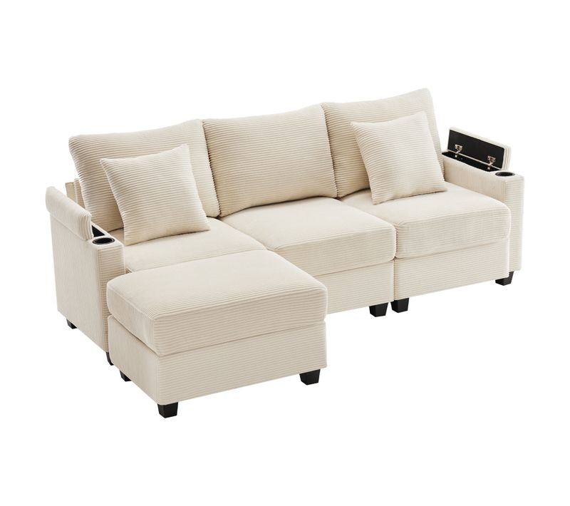 Canapé Convertible - Canapé D'angle 3 Places- Avec 1 Repose-pieds - 213.5x138x87cm - Beige