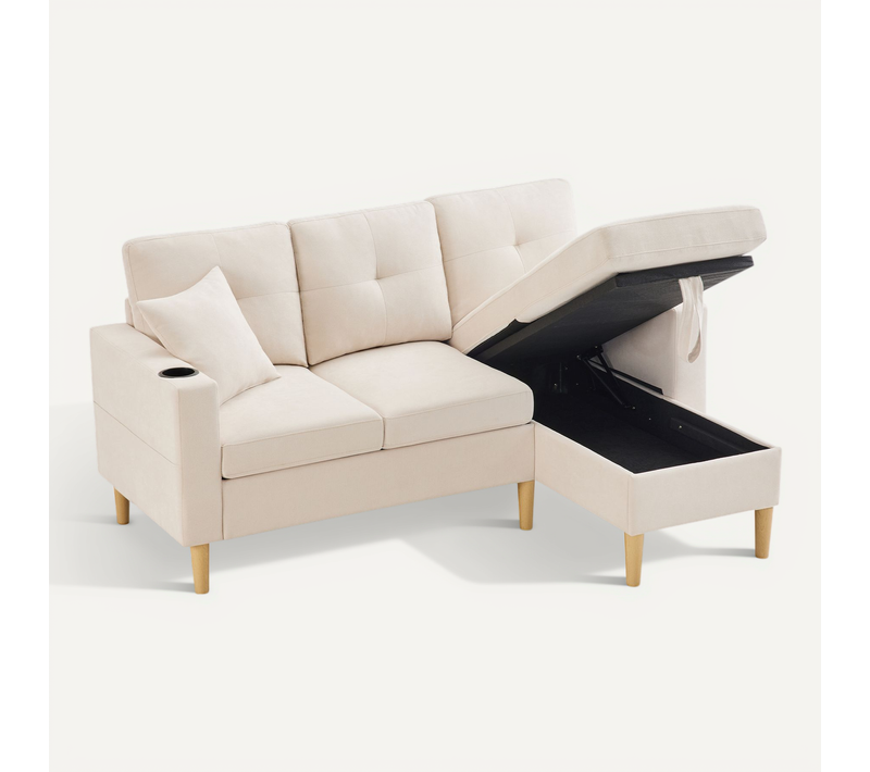 Canapé Fixe- Canapé D'angle 3 Places- Grand Espace De Rangement - 175x129x90cm - Beige