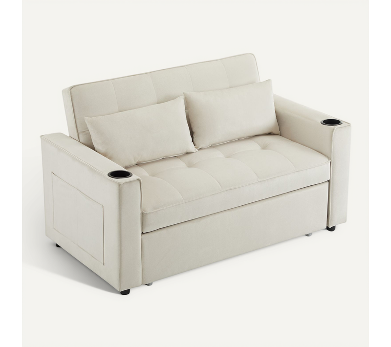 Canapé Convertible - Canapé Lit 2 Places - Avec Porte-gobelet - 137x76.5x83cm - Beige