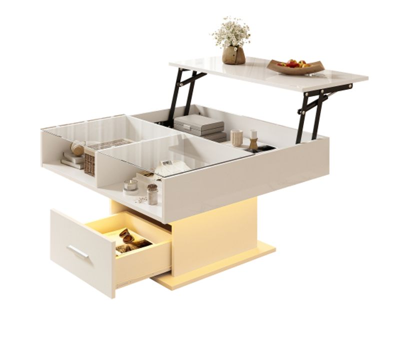 Table Basse Carrée - Table à Café LED - Table Basse Relevable - Salon - Blanc