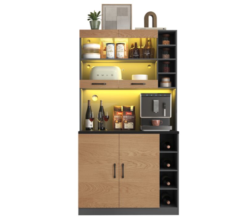 Vitrine Multifonctionnelle Avec LED - Étagère Pour Salon- En Bois - Naturel Et Gris