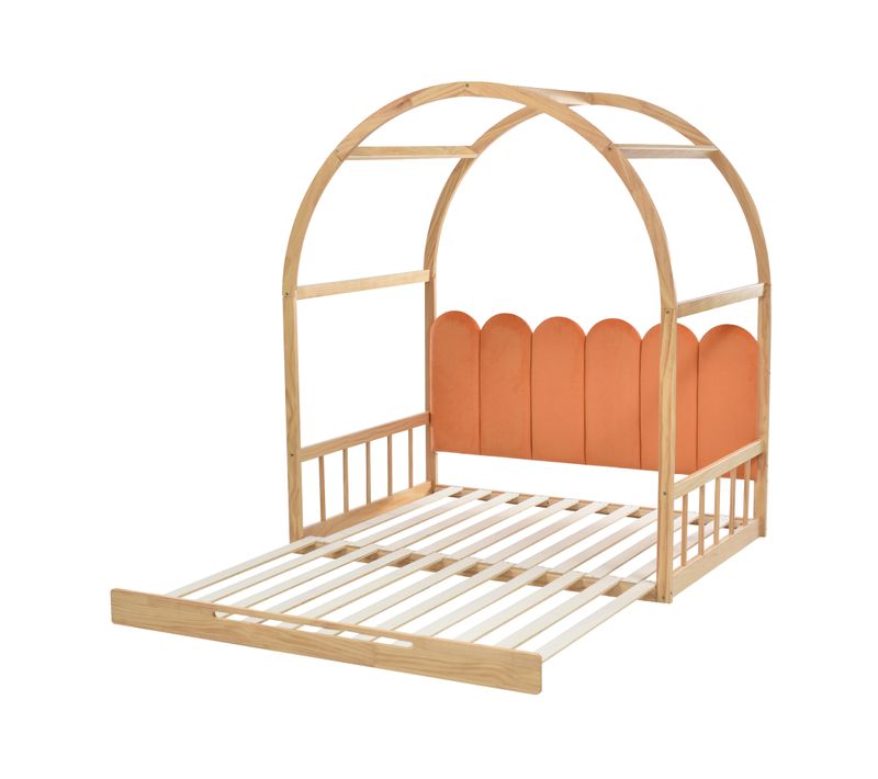 Lit Extensible140x200cm-lit Enfant-lit Double-en Velours-cadre En Pin-naturel Et Orange