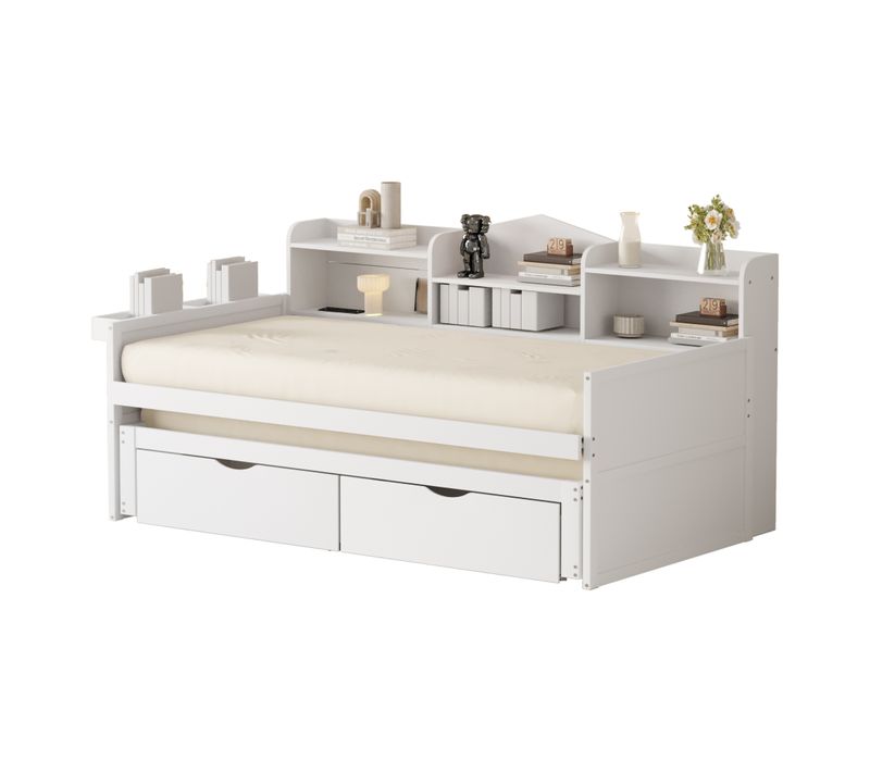 Lit Gigogne 90x190 Avec 2 Tiroirs Et Étagères -prise USB, Lit Simple En Bois-lit Enfant-blanc