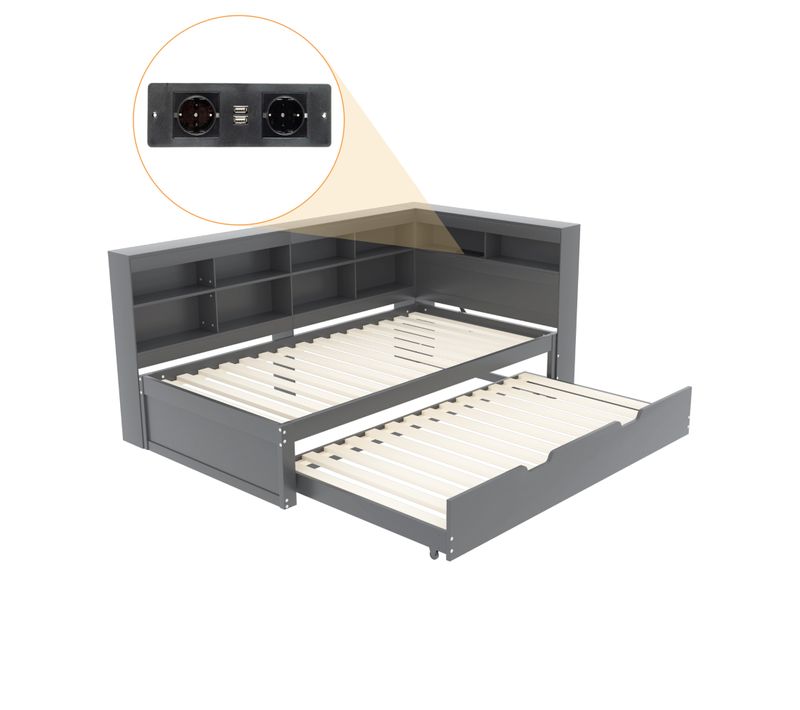 Lit Gigogne 90x200cm Avec LED-rangement De Chevet-prise USB, Lit Simple En Bois-lit Enfant-gris