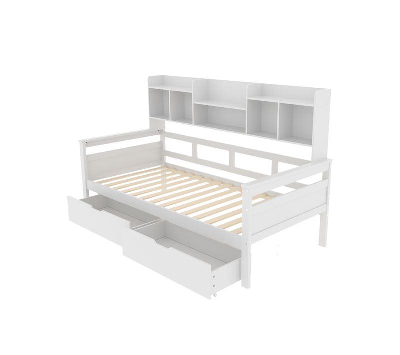 Canapé-lit 90x200-2 Tiroirs Et Étagères - En Bois Massif - Blanc