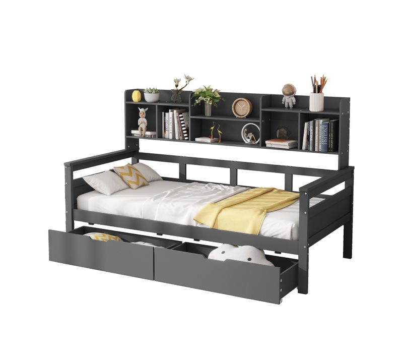 Canapé-lit 90x200-2 Tiroirs Et Étagères- En Bois Massif - Gris