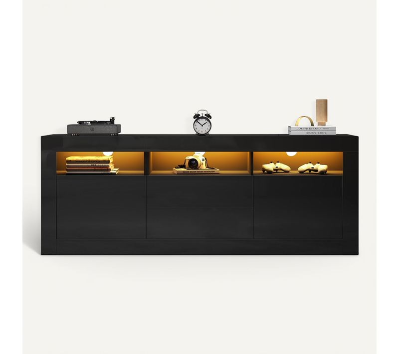 Meuble TV Brillant 160 X 35 X 60 Cm-éclairage LED-3 Niches, 2 Portes, 2 Tiroirs-noir