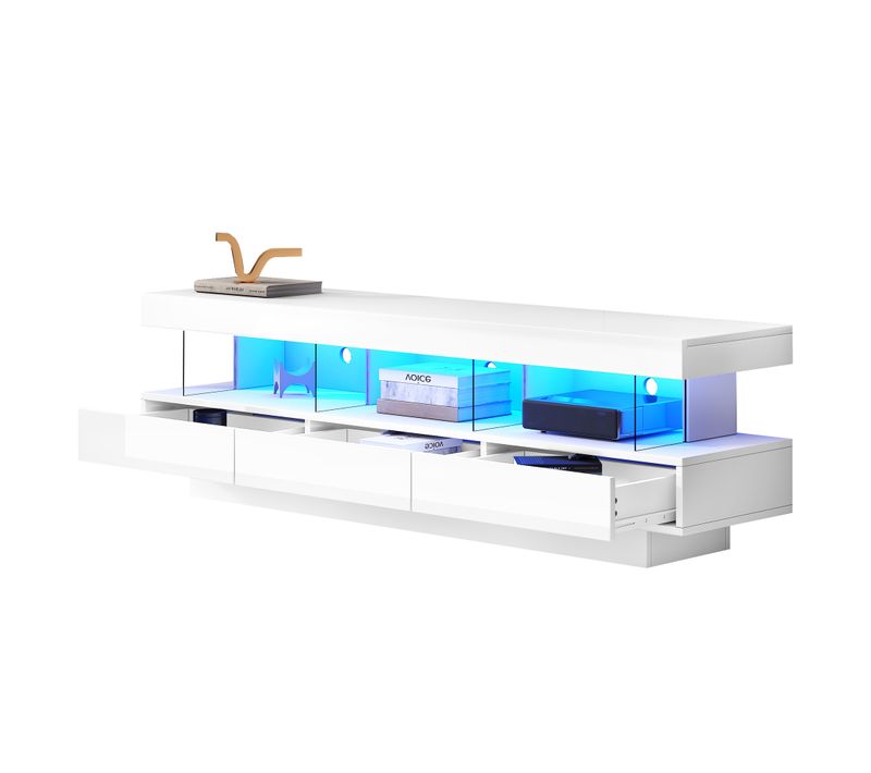 Meuble TV 160cm-éclairage LED-brillant Avec Support TV En Verre-pour Téléviseur 70 Pouces-blanc