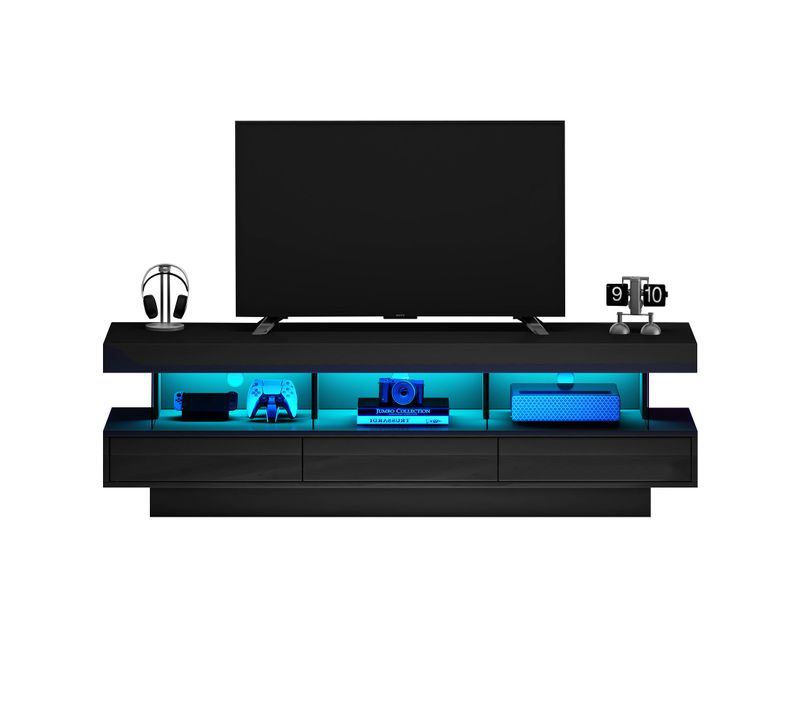 Meuble TV 160cm-éclairage LED-brillant Avec Support TV En Verre-pour Téléviseur 70 Pouces-noir