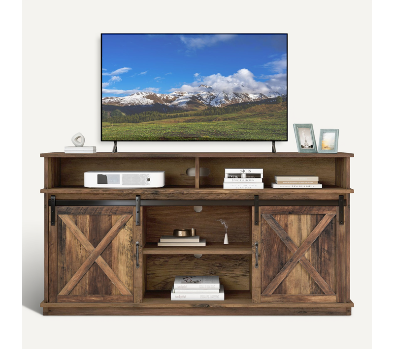 Meuble TV 148cm-avec 2 Portes Coulissantes Classiques-meuble De Salon-étagères Réglables-brun