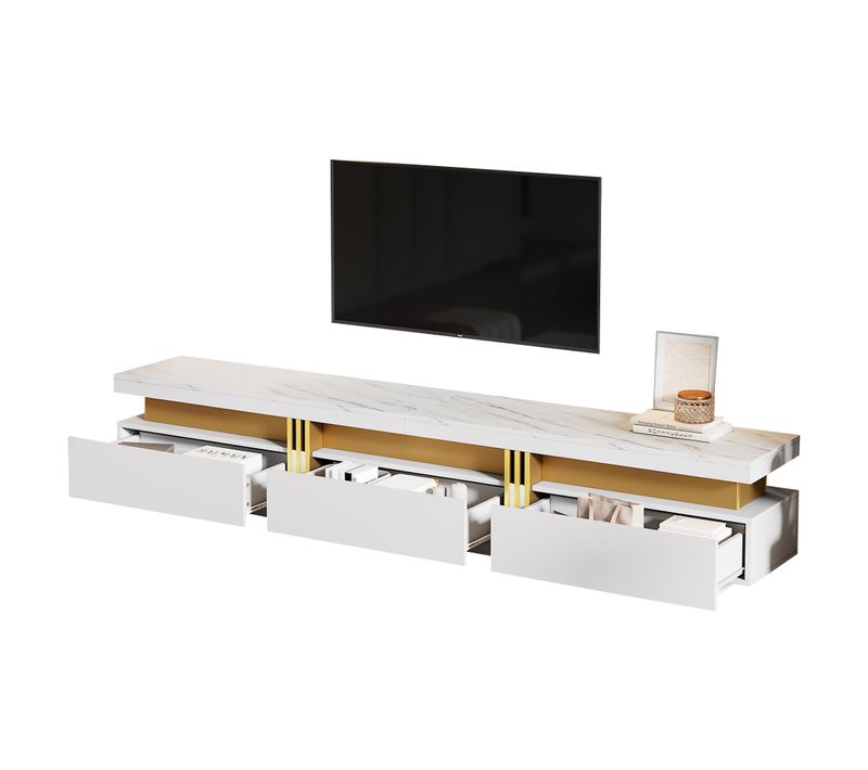 Meuble TV Marbre-avec 3 Tiroirs-support 90 Pouces -meuble De Salon-blanc