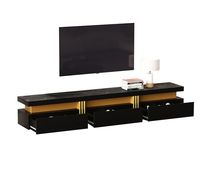 Meuble TV Marbre-avec 3 Tiroirs-support 90 Pouces -meuble De Salon-noir