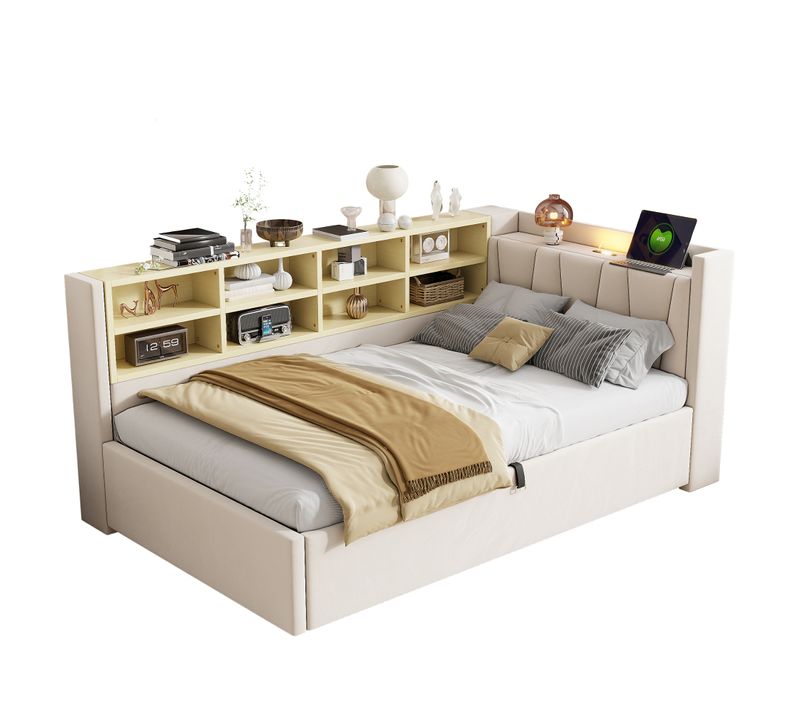 Lit Rembourré 90x200 Cm Canapé-lit Avec Tête De Lit, Hydraulique Rangement, USB, Type-c, Beige