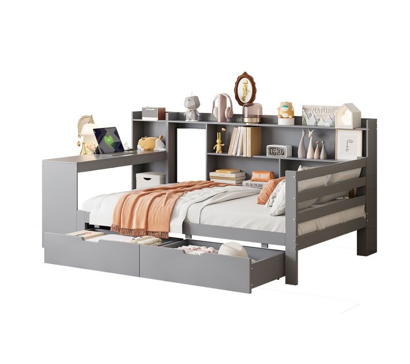 Lit Combiné Enfant 90x200 Cm Avec Bureau Étagères Rangement Et Prise,gris