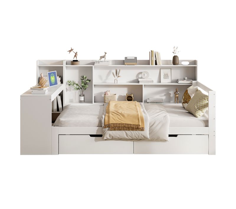 Lit Combiné Enfant 90x200 Cm Avec Bureau Étagères Rangement Et Prise,blanc