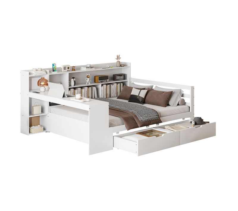 Lit Combiné Enfant 140x200 Cm Avec Bureau Étagères Rangement Et Prise,blanc
