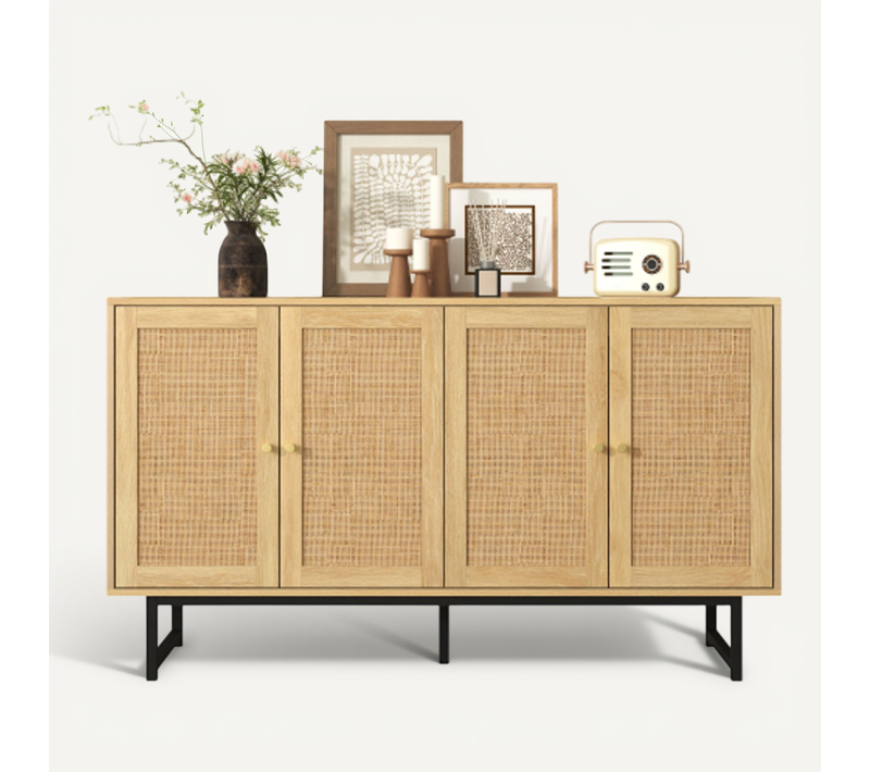 Buffet 140x39,5x80 Cm-en Rotin Véritable Tressé,-rangement Spacieux-4 Portes -naturel