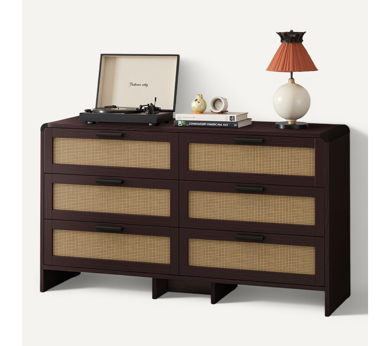 Commode 6 Tiroirs-meuble De Rangement En Rotin -salon, Chambre Et Cuisine-brun Rougeâtre