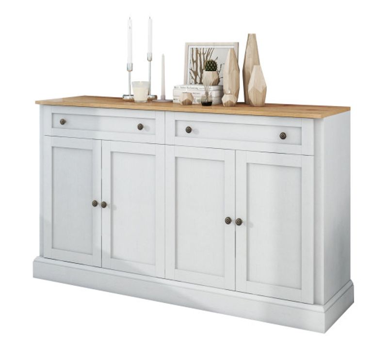 Grand Buffet 4 Portes Et 2 Tiroirs- Rétro- Rangement Modulable-blanc Antique + Bois Naturel