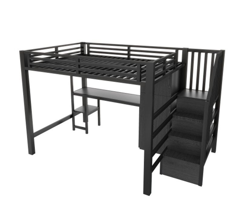 Lit Mezzanine En Métal 140x200 Cm- Avec Bureau, Etagère, Penderie Et Escalier De Rangement- Noir
