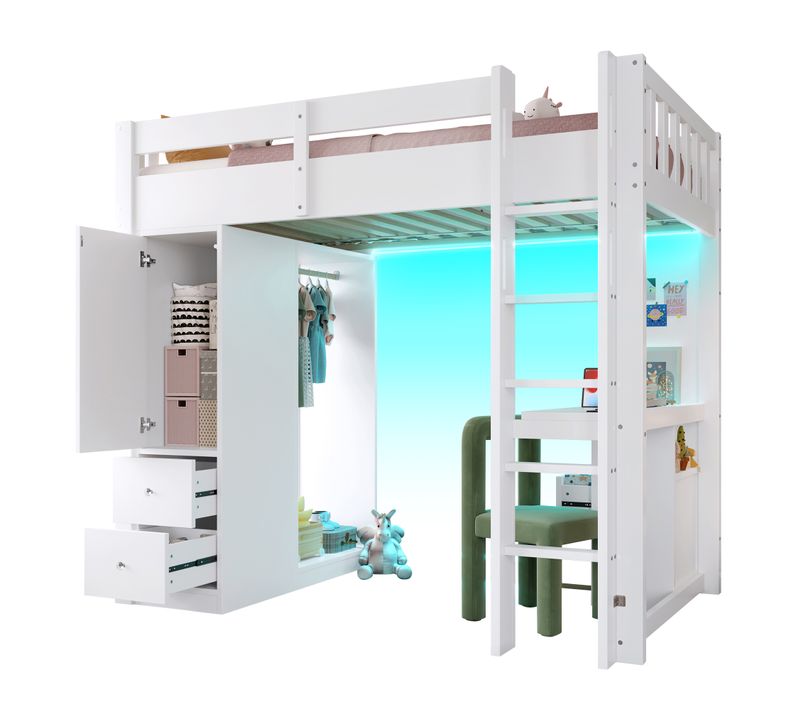 Lit Mezzanine 90x200 Cm - Avec 4 Tiroirs - Rangement Et Bureau - LED Et USB - Blanc