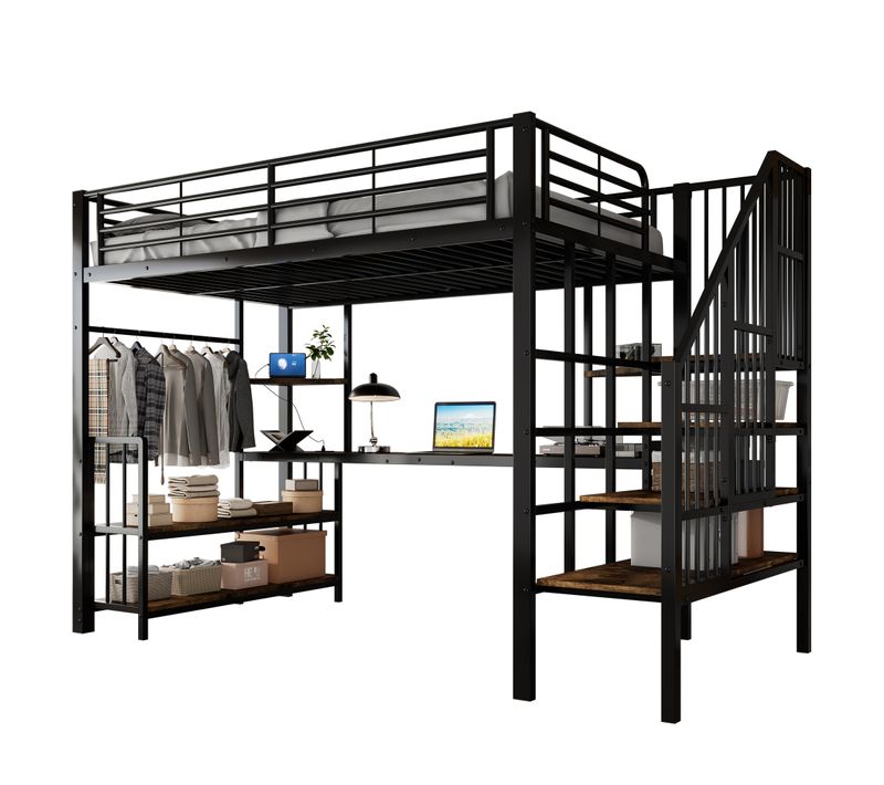 Lit Mezzanine 120x200 Cm-espace De Rangement Et Prise USB-fer + Mdf-noir