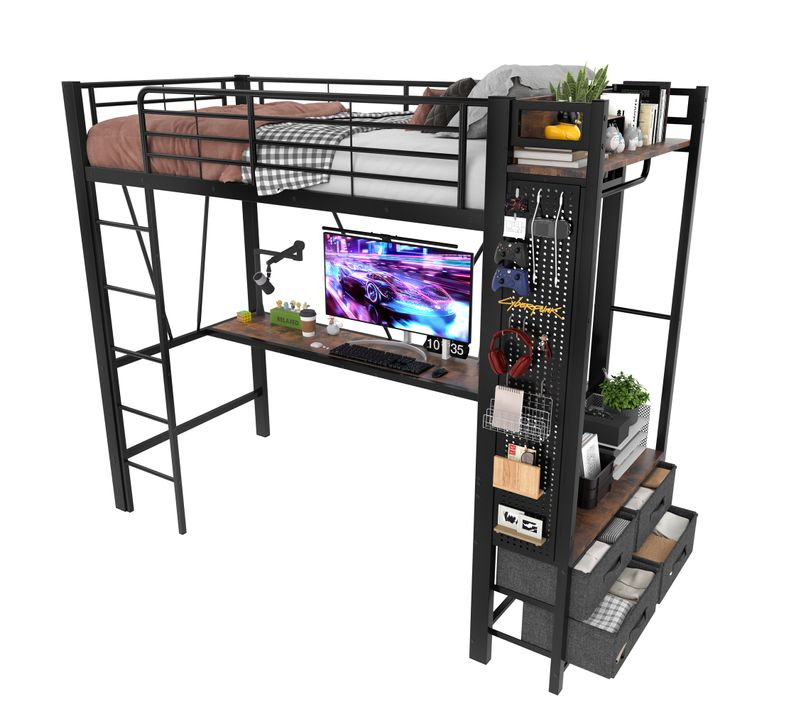 Lit Mezzanine 90*200cm-lit Enfant Avec Bureau, Étendoir-prise USB + Type-c-bande LED-noir