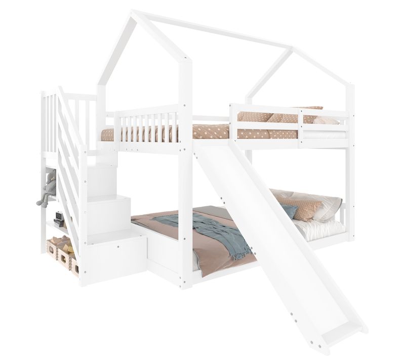 Lit Cabane Enfant-lit Superposé 140x200cm Avec Escalier De Rangement-avec Barrière-blanc