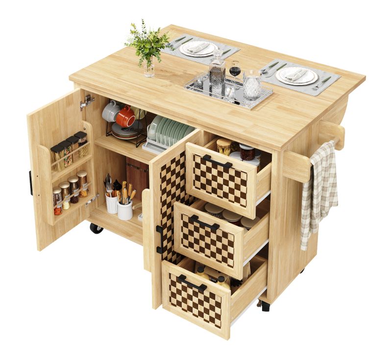Îlot De Cuisine--buffet-desserte De Cuisine Extensible Avec Roulettes-rangement Intelligent-en Bois