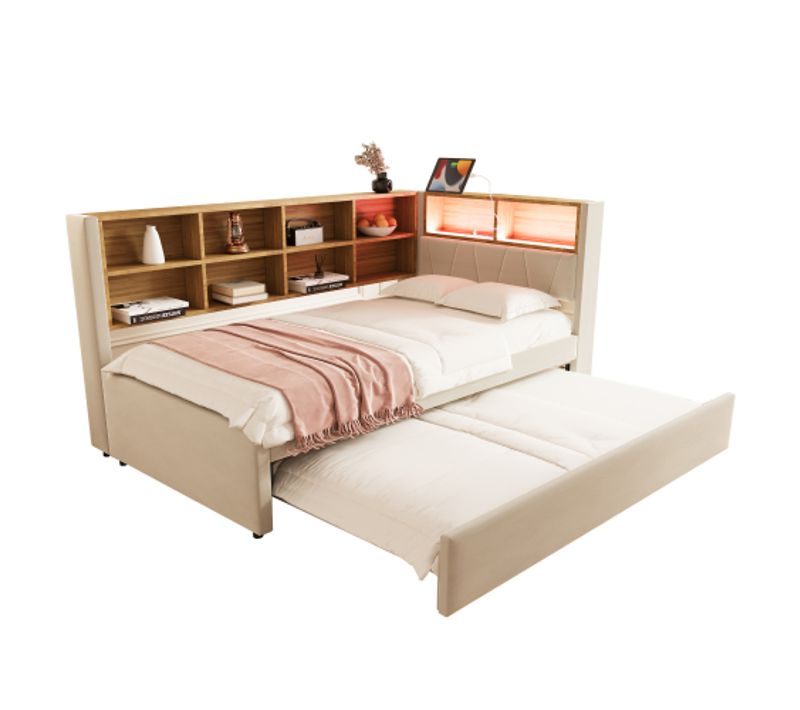 Lit Gigogne 90*200-équipé De Lumières LED-lit Rembourré-canapé Convertible-beige