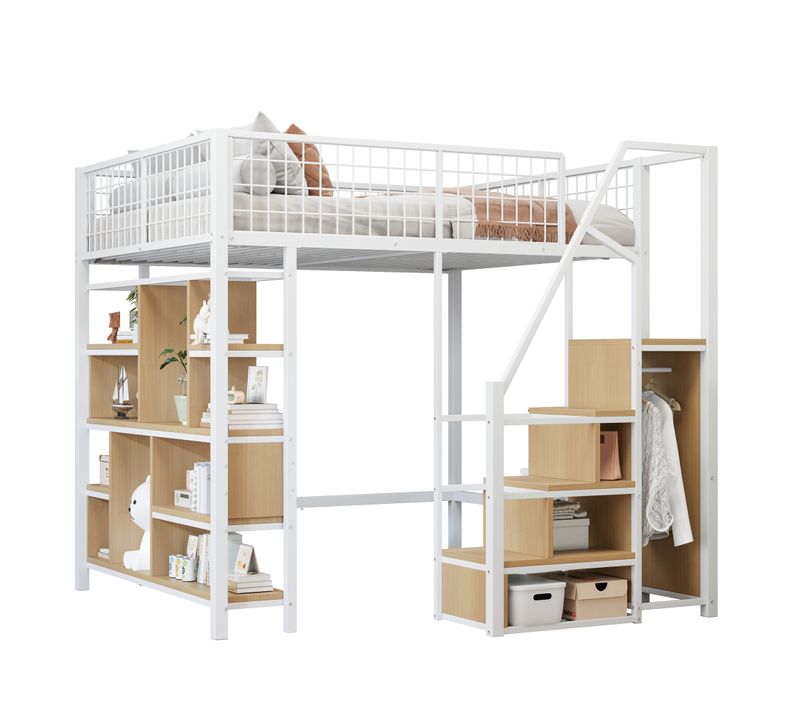 Lit Mezzanine Multifonctionnel 140x200cm-avec Espace De Rangement-lit Adulte Et Enfant-blanc
